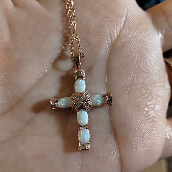 Neiman Marcus  Rose Gold Plated Opal Cross Necklace - Picture 3 of 6